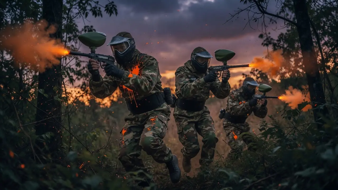 Paintball players in woodland combat